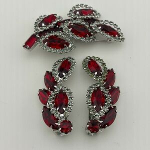 Weiss Ruby Red Brooch and Clip Earrings Set